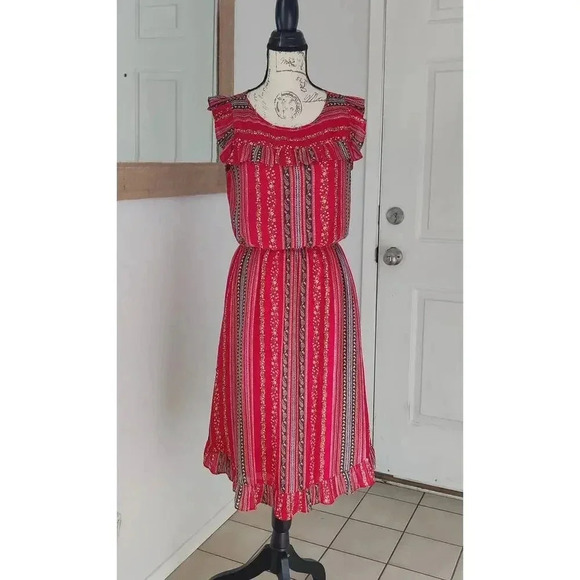 LOFT Floral Ditsy Red Cap Sleeve Midi Dress Casual Party Sz S Fit & Flare Ruffle - Picture 1 of 7